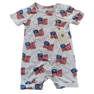Bums & Roses Baby Flag Print Bamboo Outfit-- White, Red & Blue/ 18-24 Months